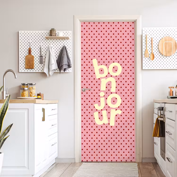 Bonjour - Stippen - Roze- Geel deurposter klein -sfeer5