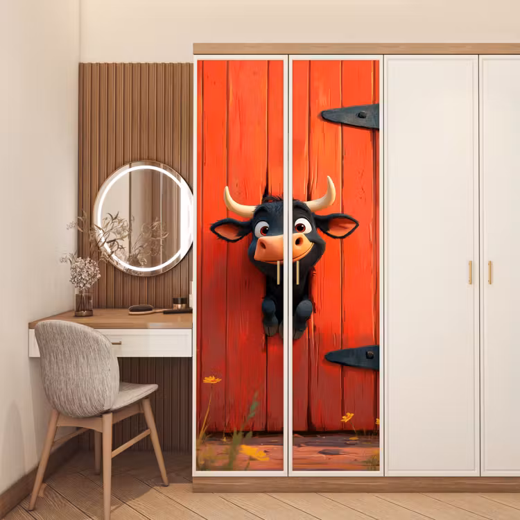 Stier - Rood - Boerderij - Schuurdeur deurposter klein -sfeer3