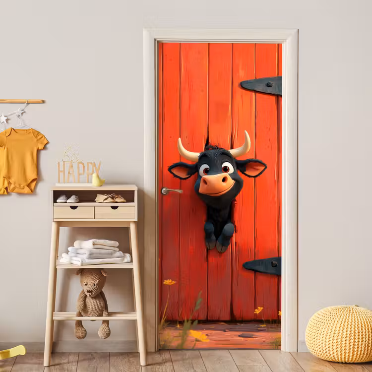 Stier - Rood - Boerderij - Schuurdeur deurposter klein -sfeer4