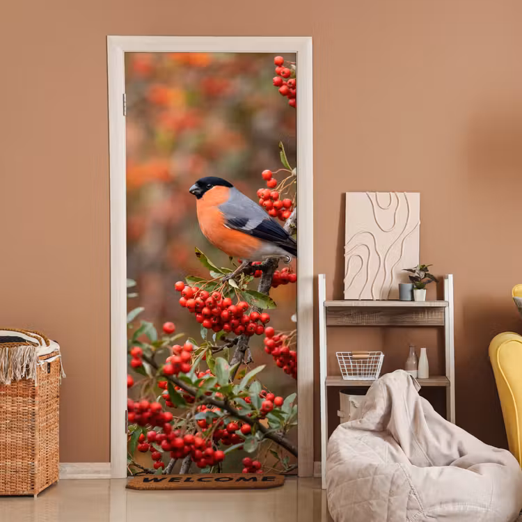 Goudvink - Bessen - Herfst - Natuur - Kleurrijk deurposter klein -sfeer1