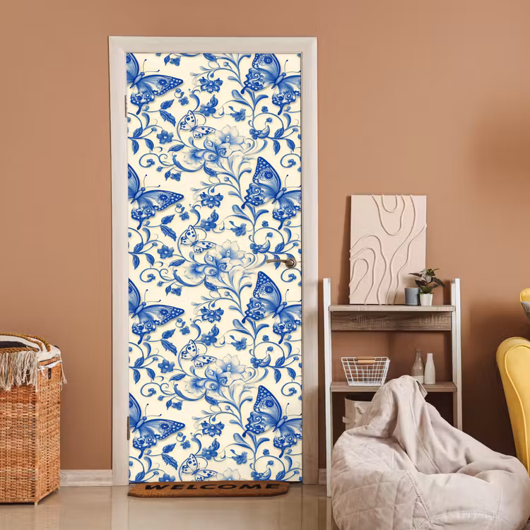 Vlinders - Bloemen - Blauw - Botanisch deurposter klein 289 -sfeer1