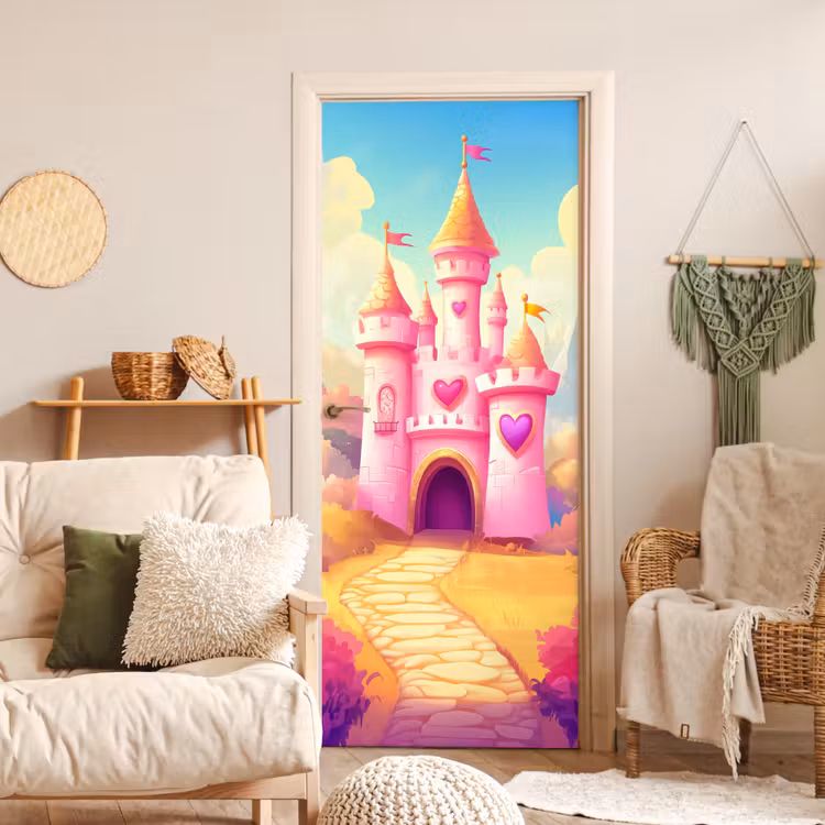 Kasteel - Roze - Pad - Sprookje - Fantasie deurposter klein -sfeer2