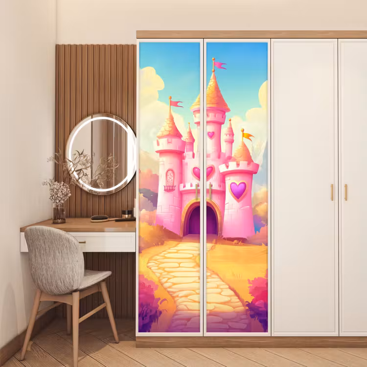 Kasteel - Roze - Pad - Sprookje - Fantasie deurposter klein -sfeer3
