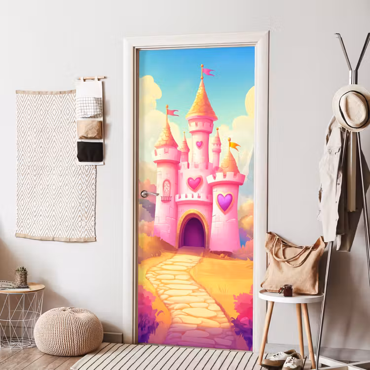 Kasteel - Roze - Pad - Sprookje - Fantasie deurposter klein -sfeer6