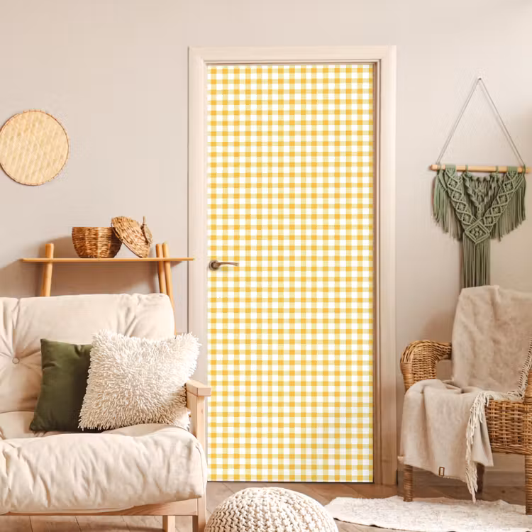 Ruit - Gingham - Klassiek - Geel en Wit deurposter klein 289 -sfeer2