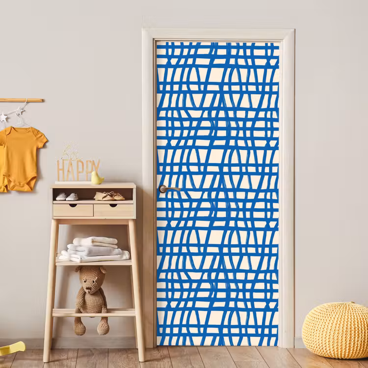 Ruitpatroon - Blauw - Crème deurposter klein 289 -sfeer4