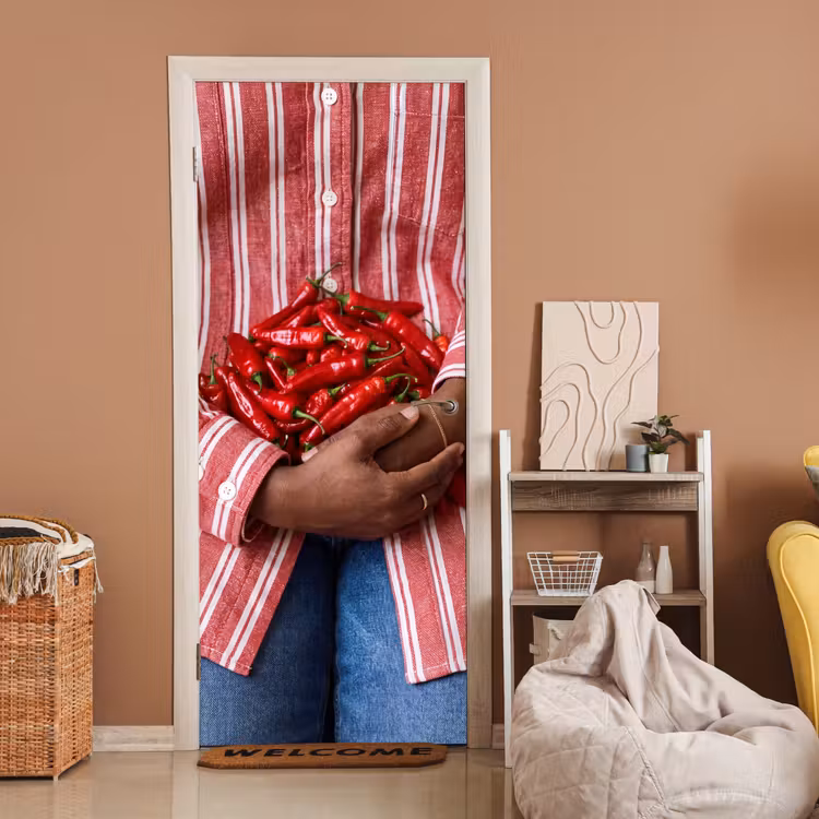 Door sticker - Chili Peppers - Red - Hands - Chilipepers - Rood - Handen deurposter klein
