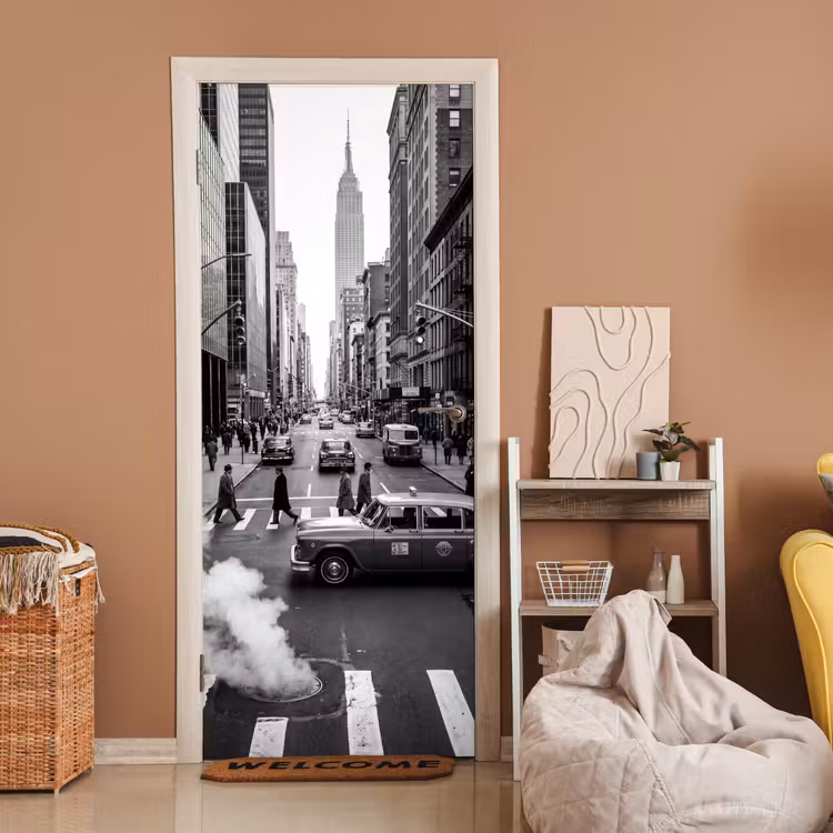 Stad - Straat - Gebouwen - Verkeer - Zwart-wit deurposter klein -sfeer1