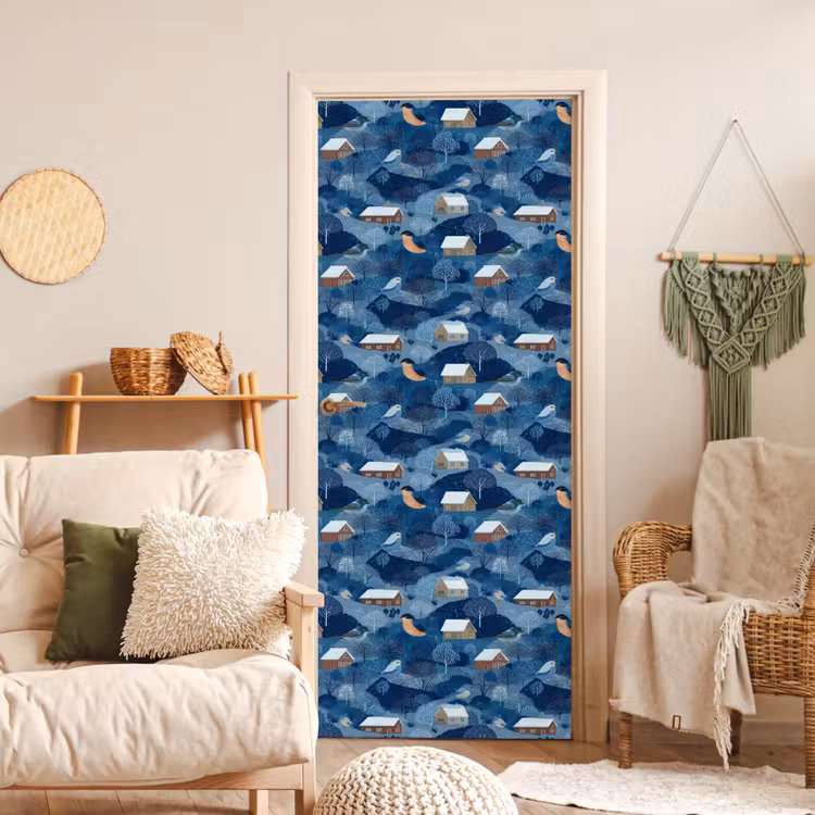 Huisjes - Vogels - Sneeuw - Winter - Blauw deurposter klein 289 -sfeer2