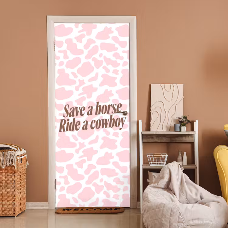 Koeienprint - Roze - Cowboy - Horse deurposter klein -sfeer1