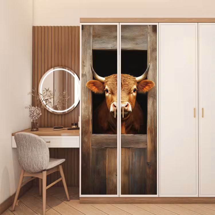 Koe - Doorkijk - Raam - Hout - Dieren deurposter klein -sfeer3