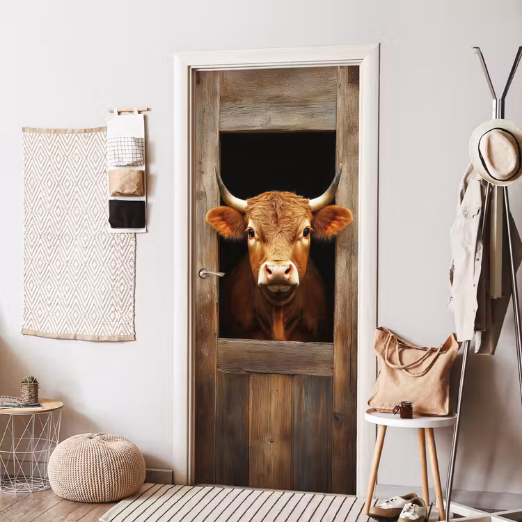 Koe - Doorkijk - Raam - Hout - Dieren deurposter klein -sfeer6