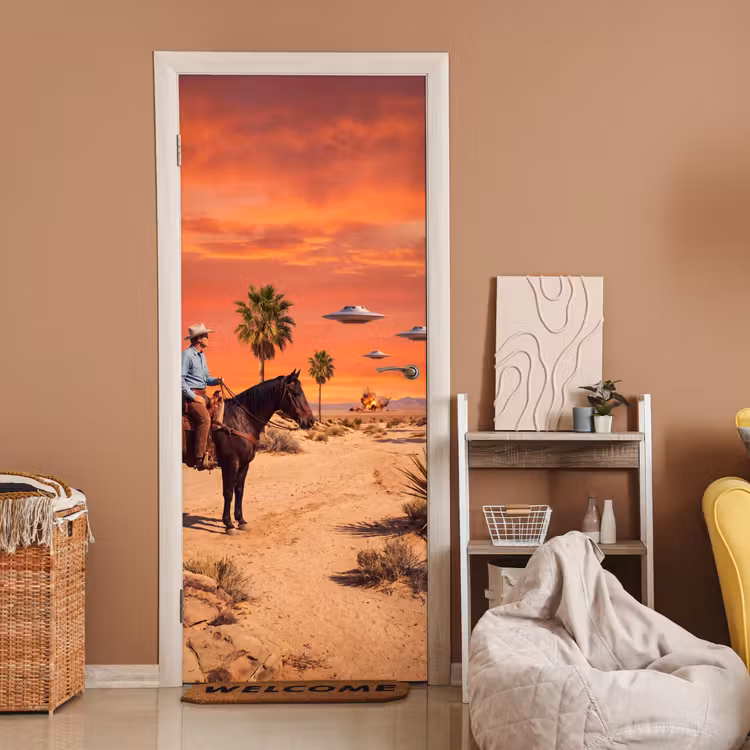 Door sticker - Cowboy - Horse - Desert - Cowboy - Paard - Woestijn deurposter klein