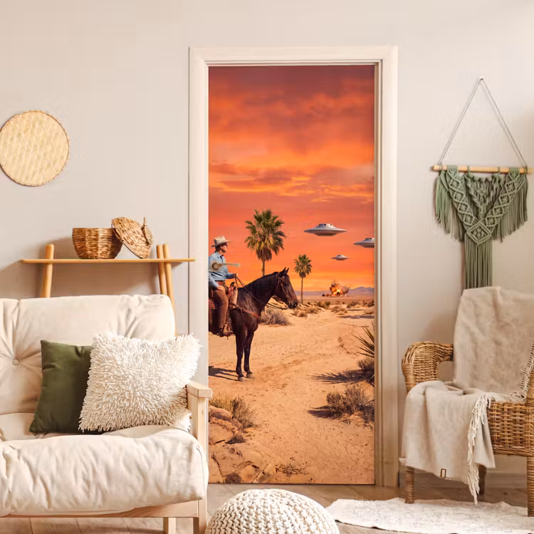 Door sticker - Cowboy - Horse - Desert - Cowboy - Paard - Woestijn deurposter klein