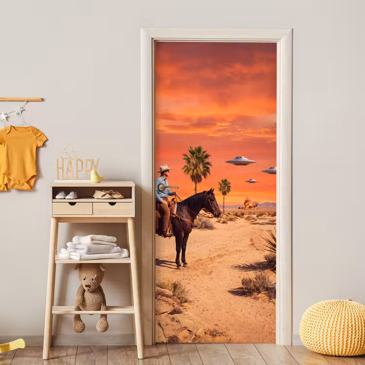 Door sticker - Cowboy - Horse - Desert - Cowboy - Paard - Woestijn deurposter klein