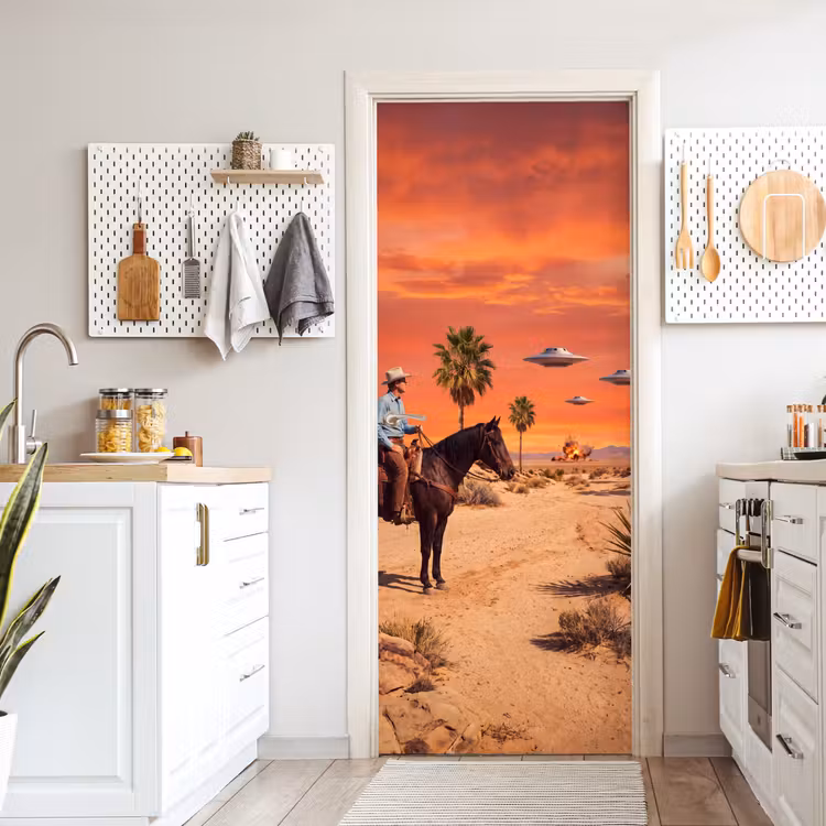 Door sticker - Cowboy - Horse - Desert - Cowboy - Paard - Woestijn deurposter klein