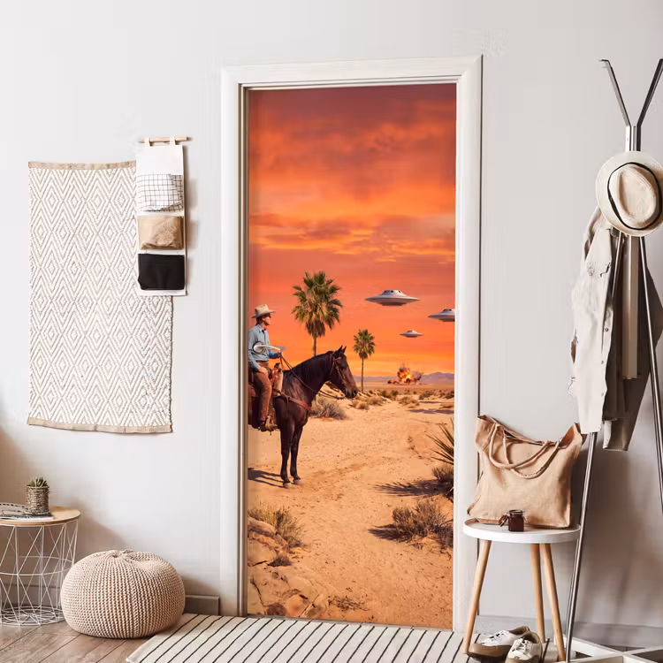Door sticker - Cowboy - Horse - Desert - Cowboy - Paard - Woestijn deurposter klein