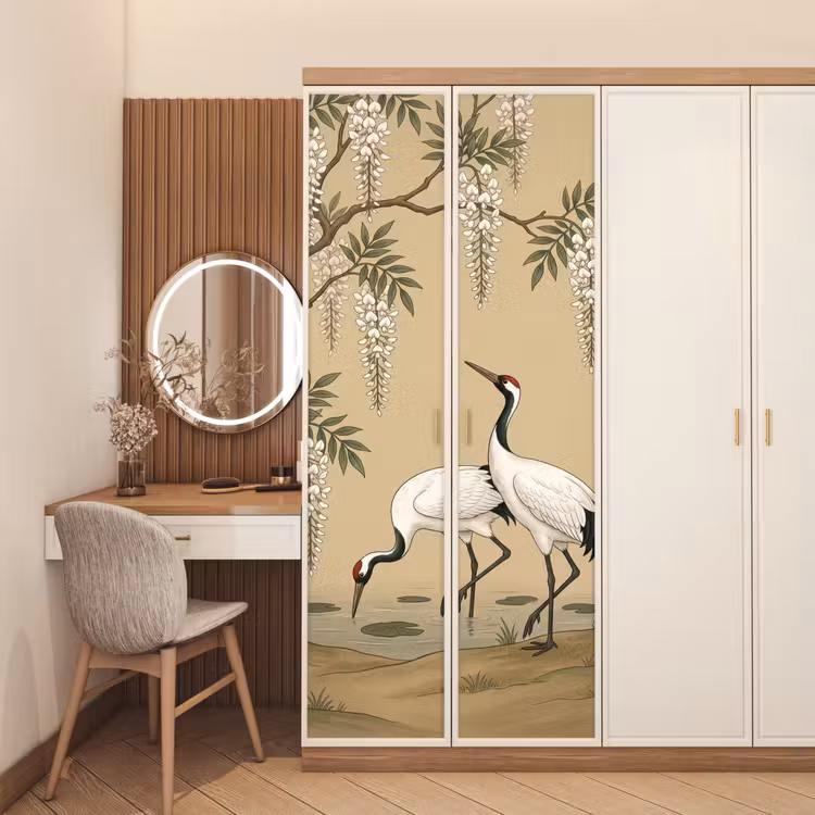 Kraanvogels - Water - Beige deurposter klein -sfeer3