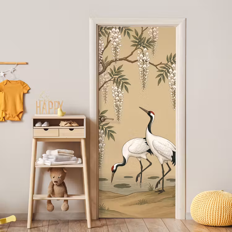 Kraanvogels - Water - Beige deurposter klein -sfeer4