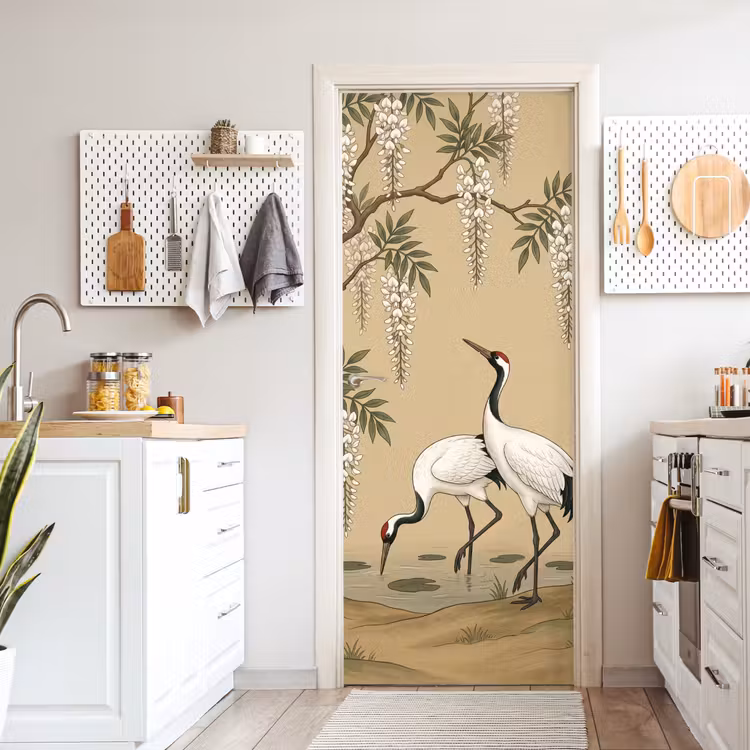 Kraanvogels - Water - Beige deurposter klein -sfeer5