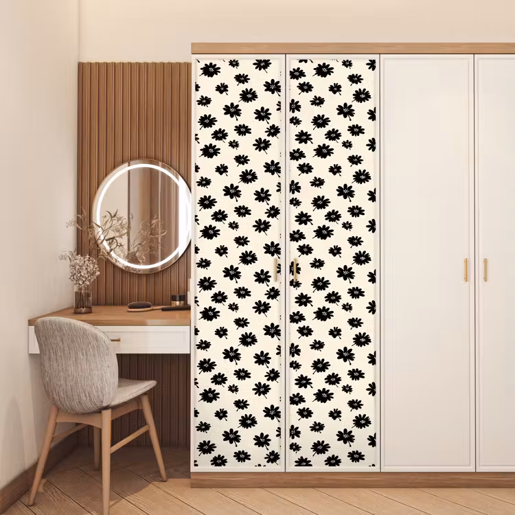Madeliefjes - Grafisch - Zwart - Beige deurposter klein 289 -sfeer3