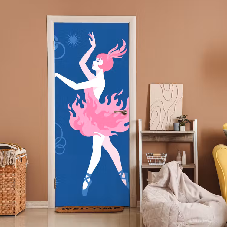 Danseres - Vlammenrok - Abstract - Roze - Blauw deurposter klein -sfeer1