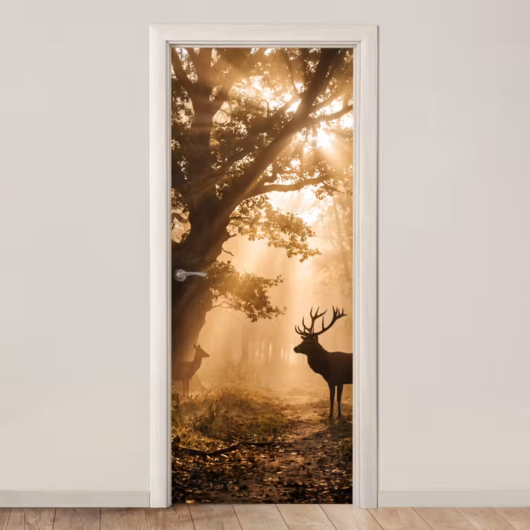 Hert - Bos - Mistig - Natuur - Goud deurposter klein -3d_beige