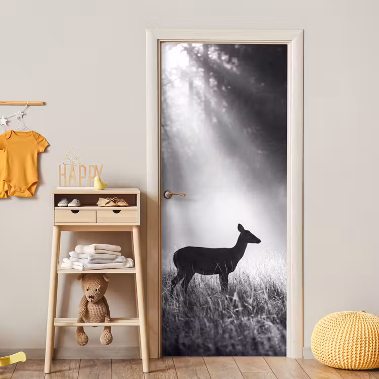 Hert - Bos - Zonnestralen - Zwart-wit - Natuur deurposter klein -sfeer4