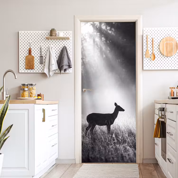Hert - Bos - Zonnestralen - Zwart-wit - Natuur deurposter klein -sfeer5