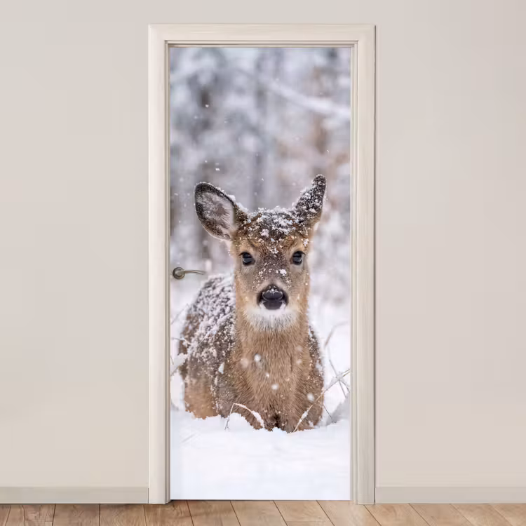 Hert - Sneeuw - Bos - Dieren - Vertederend deurposter klein -3d_beige