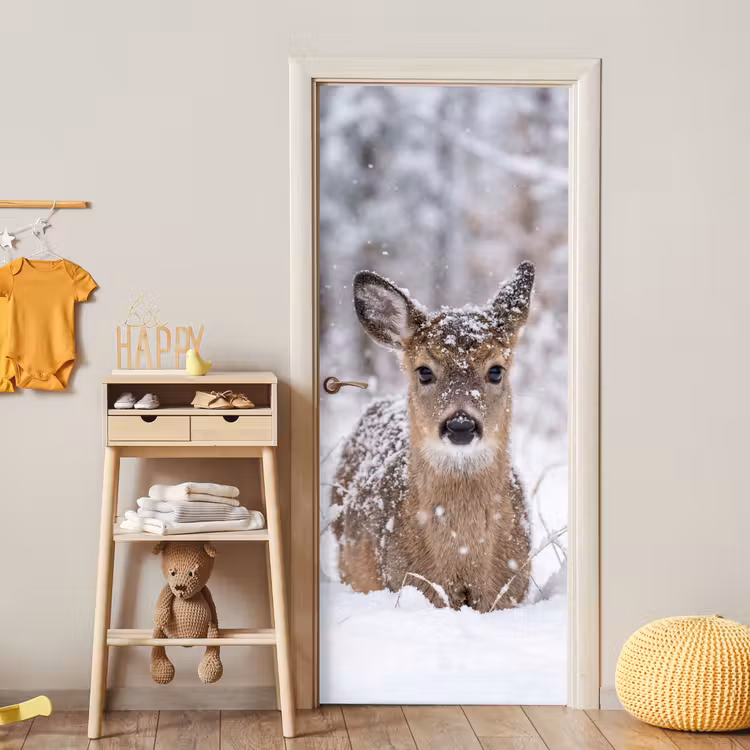 Hert - Sneeuw - Bos - Dieren - Vertederend deurposter klein -sfeer4