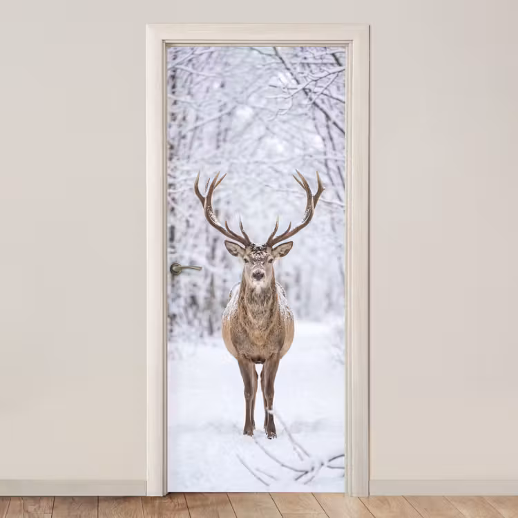 Hert - Winter - Bos - Natuur - Wit deurposter klein -3d_beige