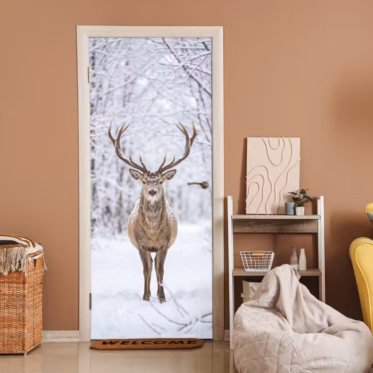 Hert - Winter - Bos - Natuur - Wit deurposter klein -sfeer1