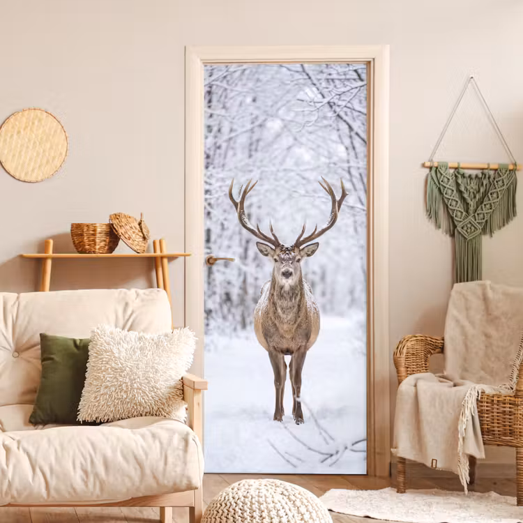 Hert - Winter - Bos - Natuur - Wit deurposter klein -sfeer2