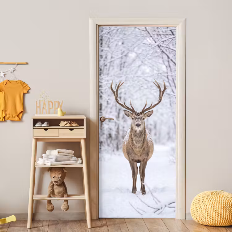Hert - Winter - Bos - Natuur - Wit deurposter klein -sfeer4
