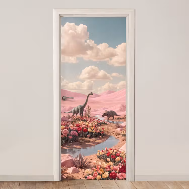 Door sticker - Dinosaur - Pink - Landscape - Dinosaurus - Roze - Landschap deurposter klein