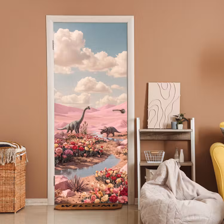 Door sticker - Dinosaur - Pink - Landscape - Dinosaurus - Roze - Landschap deurposter klein