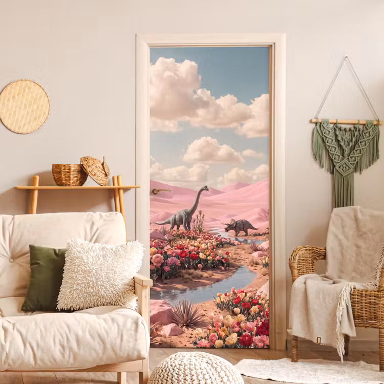 Door sticker - Dinosaur - Pink - Landscape - Dinosaurus - Roze - Landschap deurposter klein