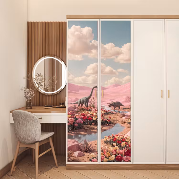 Door sticker - Dinosaur - Pink - Landscape - Dinosaurus - Roze - Landschap deurposter klein