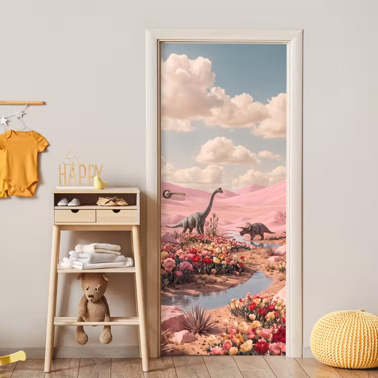 Door sticker - Dinosaur - Pink - Landscape - Dinosaurus - Roze - Landschap deurposter klein