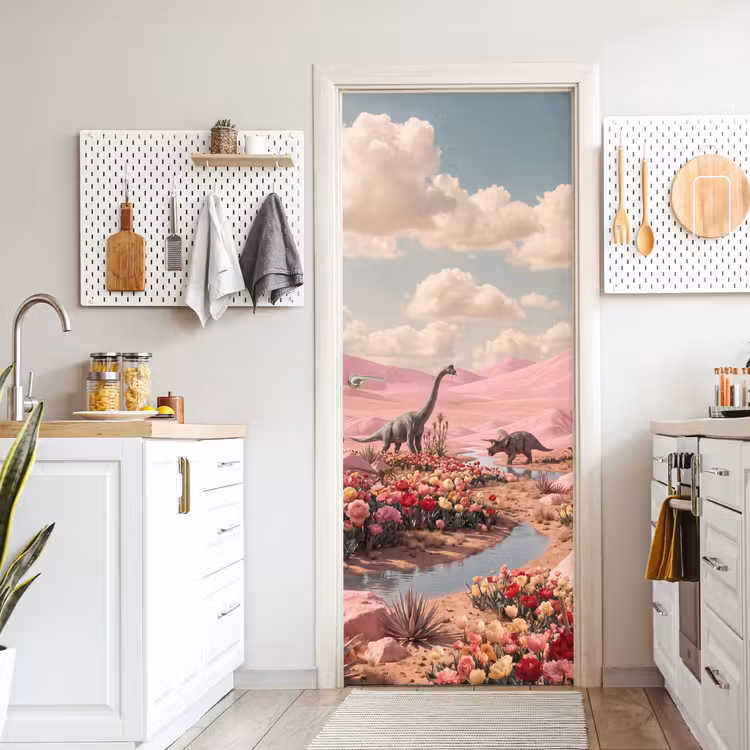 Door sticker - Dinosaur - Pink - Landscape - Dinosaurus - Roze - Landschap deurposter klein