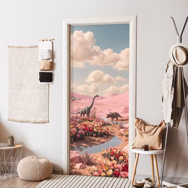 Door sticker - Dinosaur - Pink - Landscape - Dinosaurus - Roze - Landschap deurposter klein