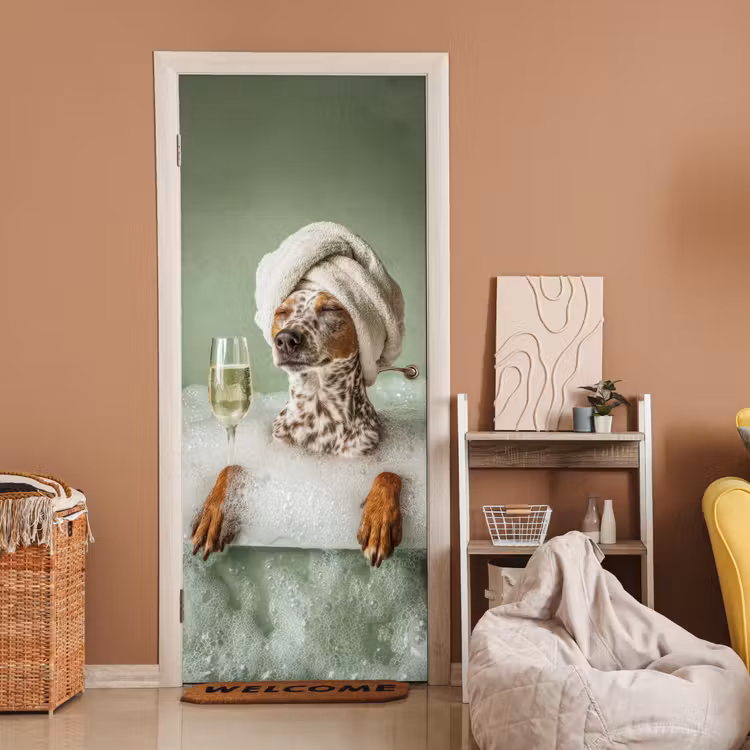 Hond - Bad - Champagne - Handdoek deurposter klein -sfeer1