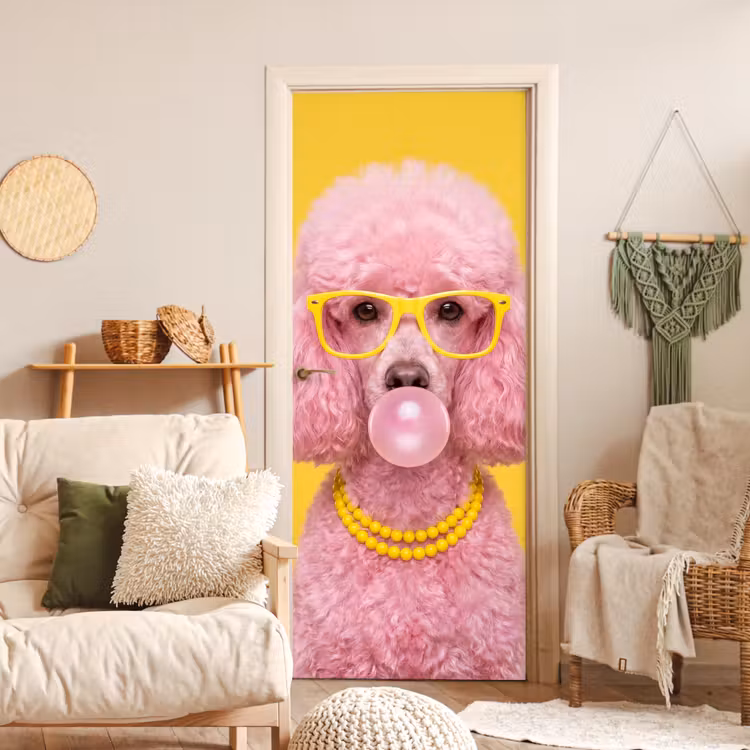 Hond - Kauwgum - Dieren - Modern - Roze deurposter klein -sfeer2