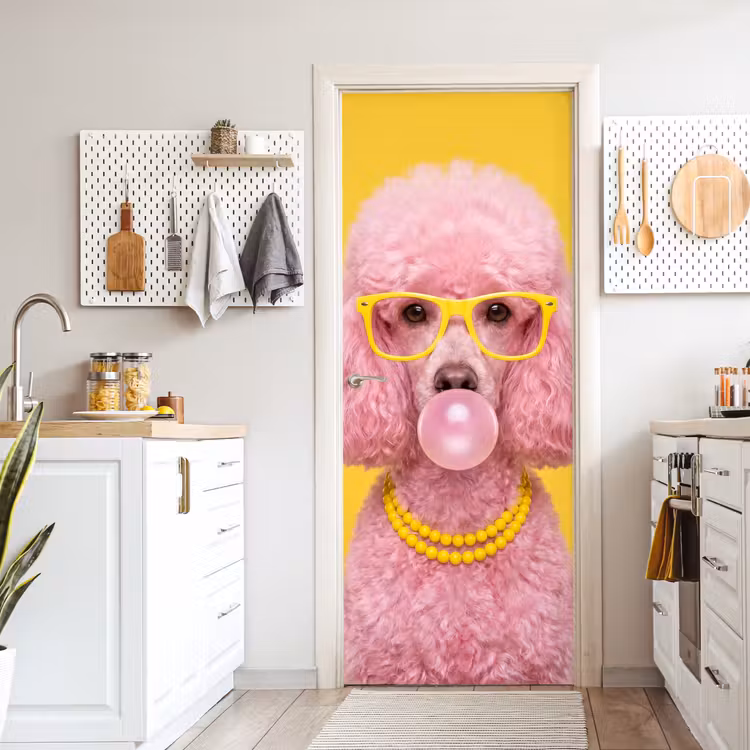 Hond - Kauwgum - Dieren - Modern - Roze deurposter klein -sfeer5