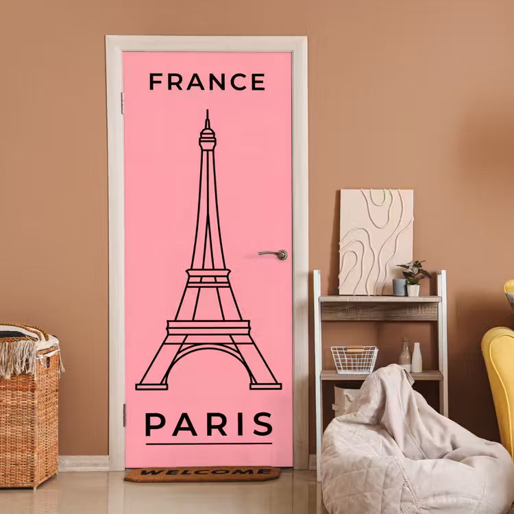 Eiffeltoren - Parijs - Architectuur - Minimalistisch - Roze deurposter klein -sfeer1