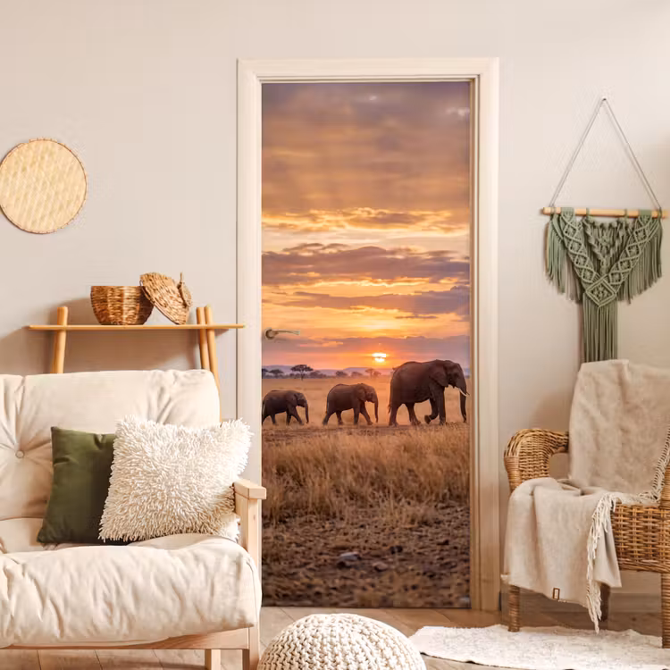 Olifanten - Savanne - Zonsondergang - Afrika - Warm deurposter klein -sfeer2
