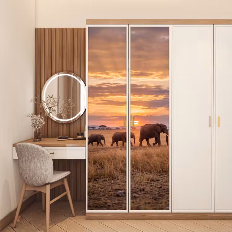 Olifanten - Savanne - Zonsondergang - Afrika - Warm deurposter klein -sfeer3