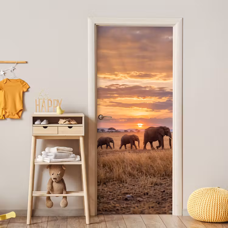 Olifanten - Savanne - Zonsondergang - Afrika - Warm deurposter klein -sfeer4