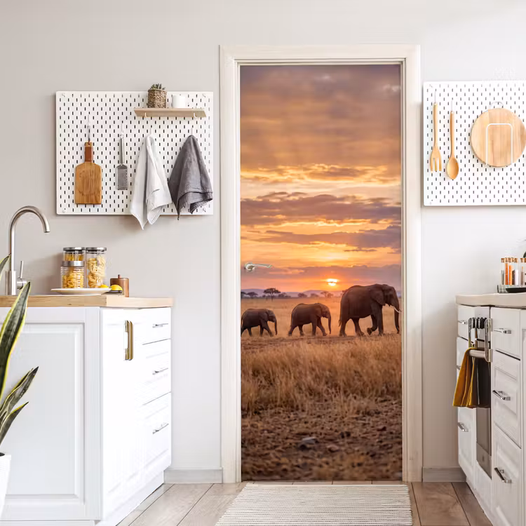 Olifanten - Savanne - Zonsondergang - Afrika - Warm deurposter klein -sfeer5